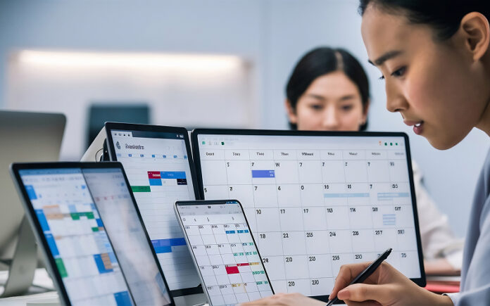 SME-employee-managing-employee-work-schedules-on-multiple-screens