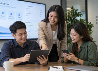 Southeast Asian employees using an HR self-service system for leave, claims, attendance and payslips