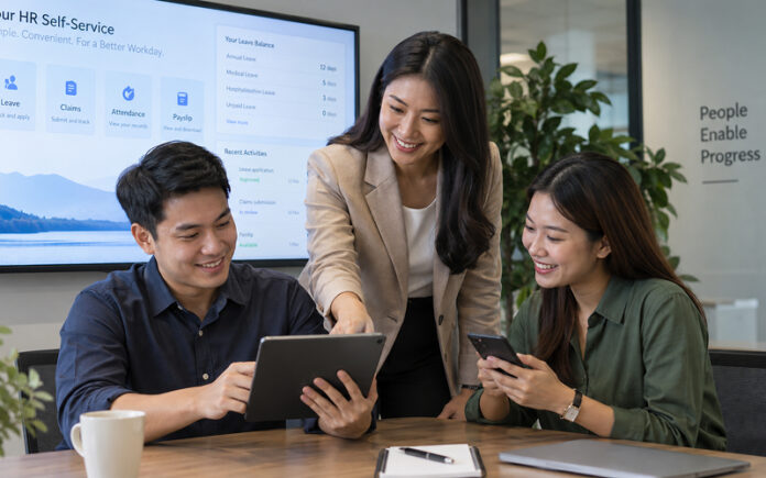 Southeast Asian employees using an HR self-service system for leave, claims, attendance and payslips