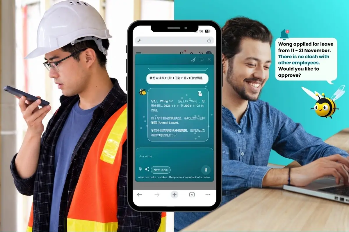 A site worker applies for leave in Mandarin with AIME while his manager sees the request in English and approves it