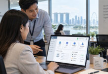 hr manager demonstrating secure employee data management dashboard on laptop in office