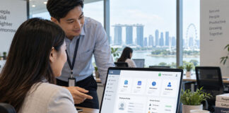 hr manager demonstrating secure employee data management dashboard on laptop in office