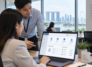 hr manager demonstrating secure employee data management dashboard on laptop in office