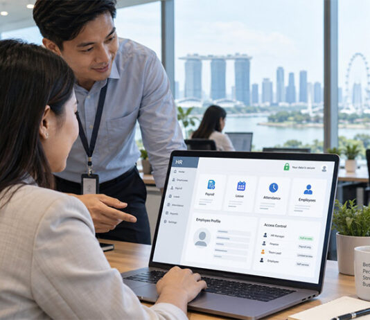 Why Employee Data Protection Matters When Choosing HR Tools hr manager demonstrating secure employee data management dashboard on laptop in office