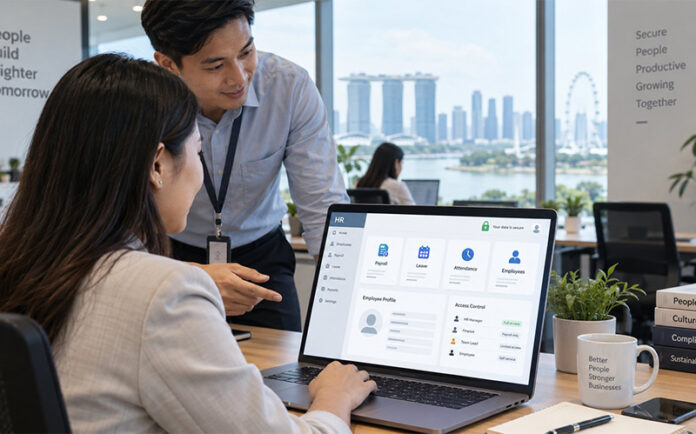 employee-checking-secure-mobile-hr-application-for-leave-and-payslips-on-smartphone hr manager demonstrating secure employee data management dashboard on laptop in office