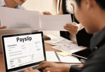 employee viewing digital payslip on laptop during payroll processing