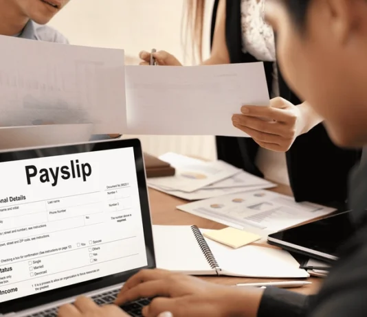 employee viewing digital payslip on laptop during payroll processing